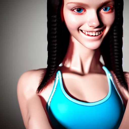 Image similar to hyperrealistic full figure portrait of a cute thin young girl, athletic body, six pack, abs, concentrated look, cute smile, highly detailed, detailed face and eyes, long black hair, flushed face, blue eyes,, volumetric lighting, 8 k, art photography, sport photography