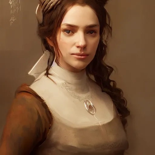 Prompt: 8k a noble household's medieval chambermaid in her early thirties light skin brown hair gentle eyes with a worrisome and compassionate personality, by Raymond Swanland Greg Rutkowski Lise Deharm, intricate, masterpiece, sharp, digital art, elegant regal posture, ArtStation, CGStation, 4k