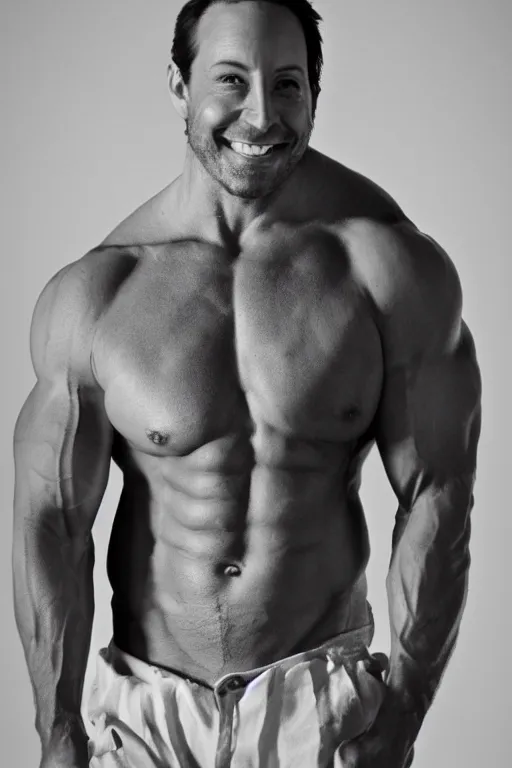 Prompt: Sam Riegel is a jacked muscle builder gigachad, grayscale photography, Critical Role, Smirk