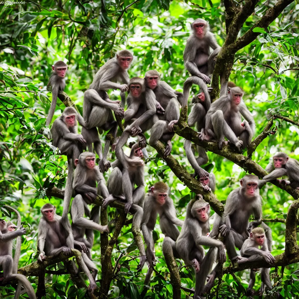 Image similar to a bunch of monkeys having a party in the jungle , 8k , 4k , professional photography, award winning photo
