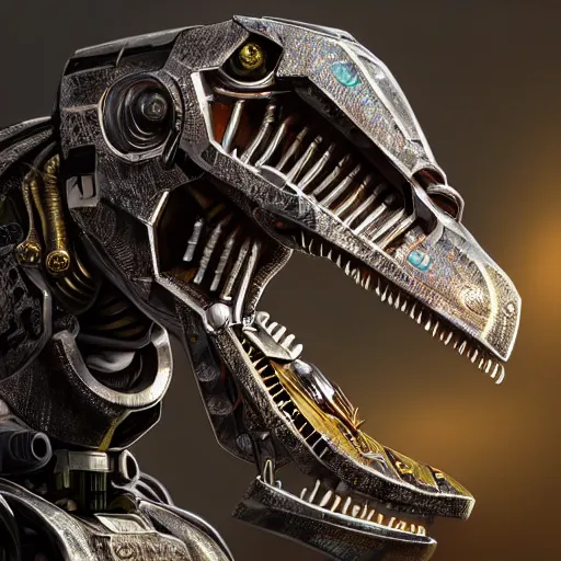 Prompt: hyper-realistic detailed portrait photograph, mid shot, gangster robot mecha dinosaur with a single gold tooth, cyberpunk