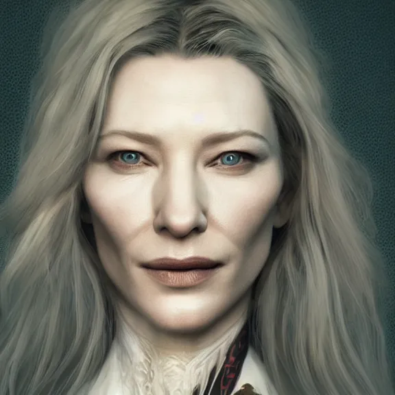 Prompt: a centered symmetrical portrait of cate blanchett as a necromancer, hyper detailed, facial texture, cinematic light, octane render, artstation