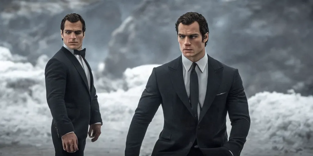 Prompt: henry cavill as james bond, still from latest james bond movie, amazing detail, sony fx 3 cinema line