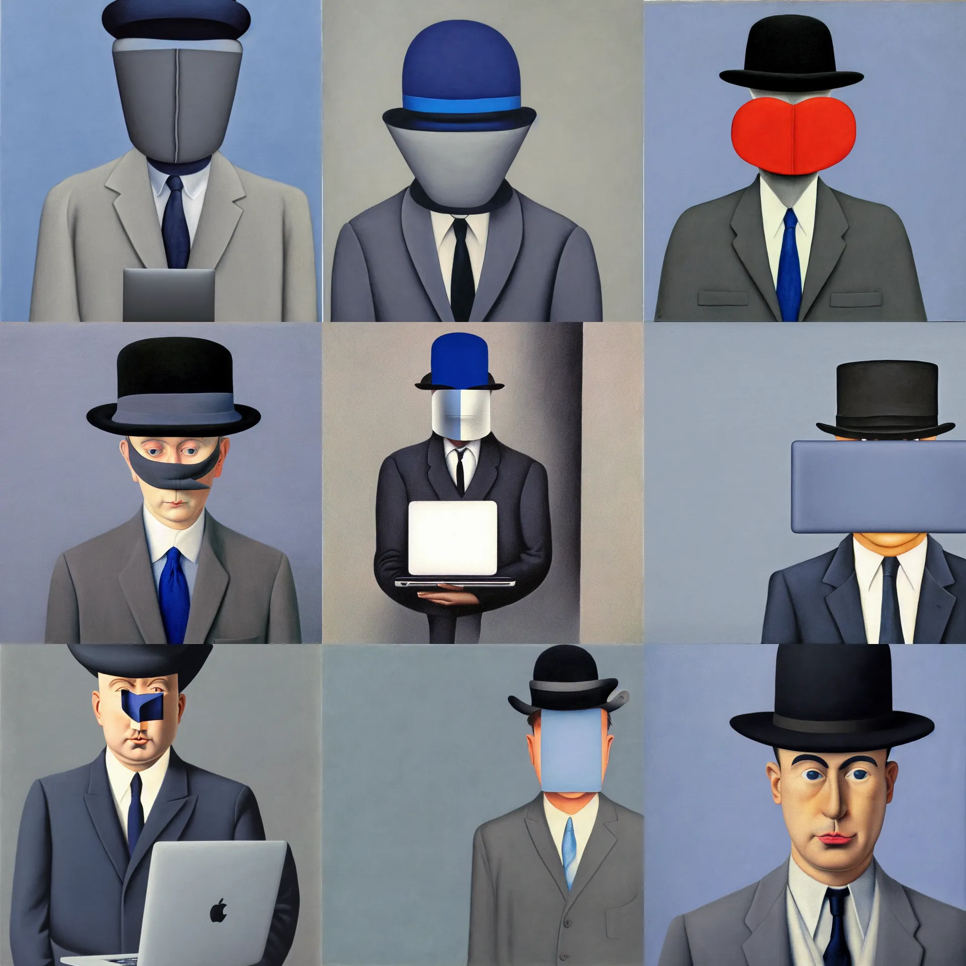 Prompt: front view portrait of a man with a macbook laptop covering his face, wearing dark grey suit and a hat, blue / grey background, painted by rene magritte