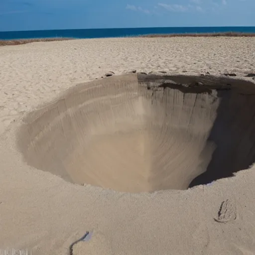 Image similar to deep dark hole on a sandy mississippi beach, no trees no palm trees, no rocks.