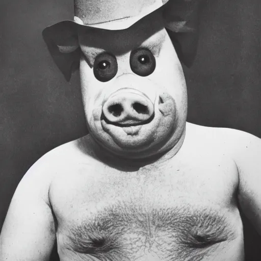 Prompt: photo of a creepy pig man