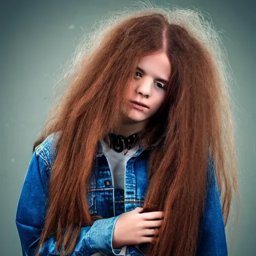 Image similar to teenage girl, long shaggy hair permed hair, double denim, heavy rocker, 2 0 2 2 photograph