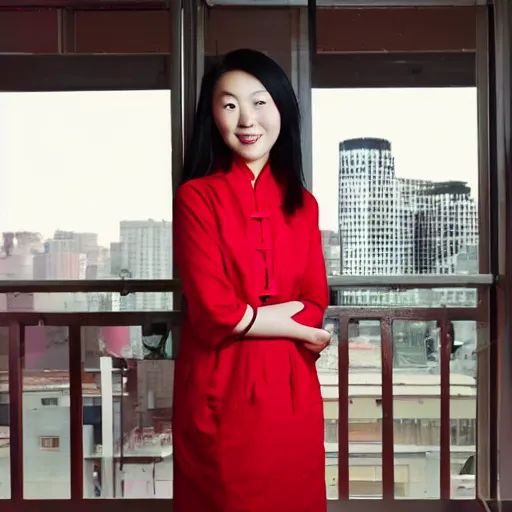 Image similar to a colored photorealistic photo of a chinese canadian girl elisa lam wearing a everyday dress that is red at the cecil hotel in los angeles