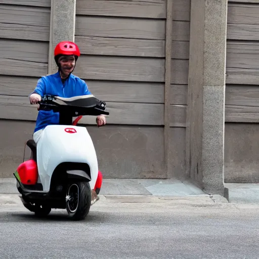 Image similar to delivery driver on scooter delivering boxes, extremely high quality, hd, 4 k, 8 k, artistic, 4 0 mp, cartoo, top - rated, award winning, realistic, sharp, no blur, edited, corrected colour, white background, trending