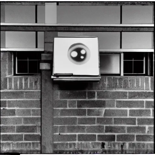 Image similar to scary old lady without eyes an abandoned school, security camera, black and white, real