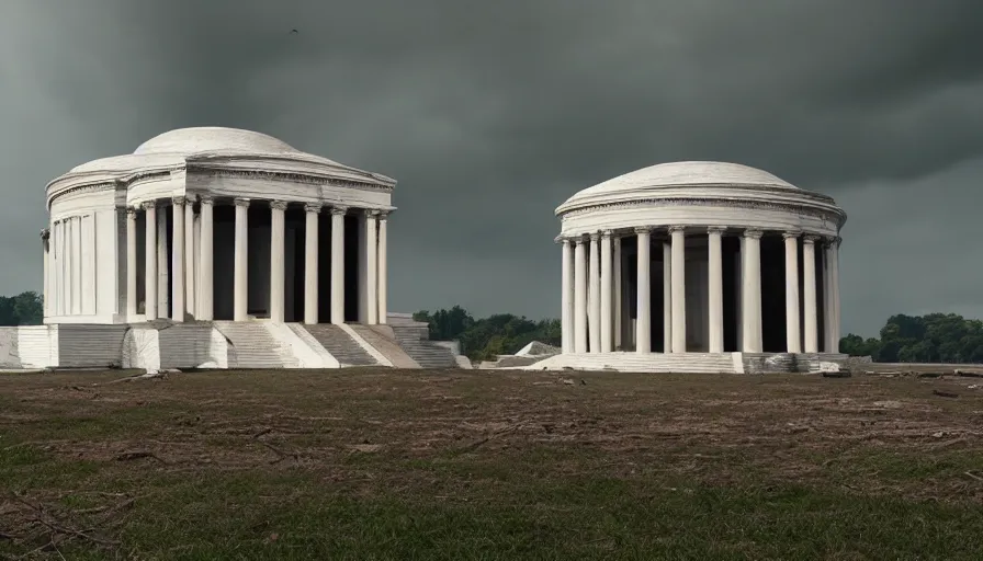 Prompt: destroyed jefferson memorial, cloudy day, debris, dust, hyperdetailed, artstation, cgsociety, 8 k