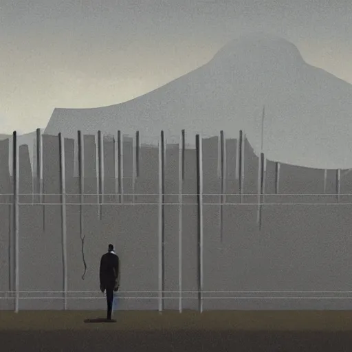 Image similar to a dystopian matte painting of a scared man standing in front of a fence with barbed wire, clouded sky by emiliano ponzi, james gilleard, george ault, david hockney, atey ghailan, albert namatjira, marius borgeaud, minimalist, bauhaus, retrofuturism, concept art, matte background, matte drawing, generative art