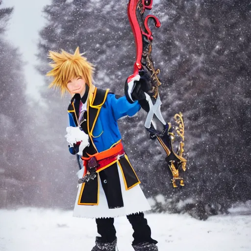 Prompt: of sora cosplay holding keyblade with snow background 35mm