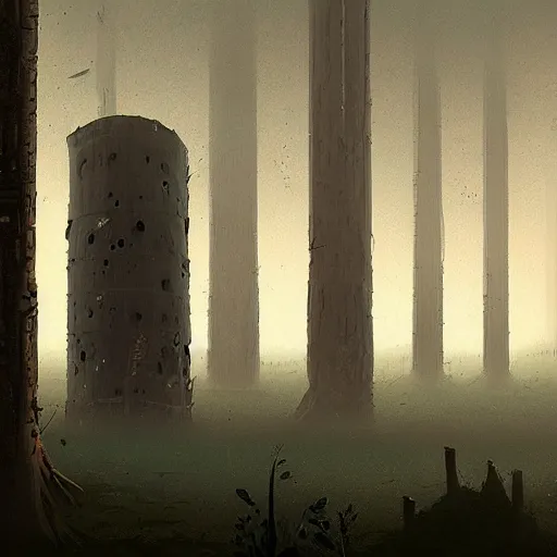 Image similar to Monumental old ruins tower of a dark misty forest, overcast, sci-fi digital painting by Simon Stålenhag