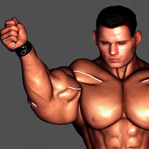 Image similar to a realistic detailed photo of a bodybuilder who is also a male android Chris Redfield, shiny skin, posing robotically, blank stare