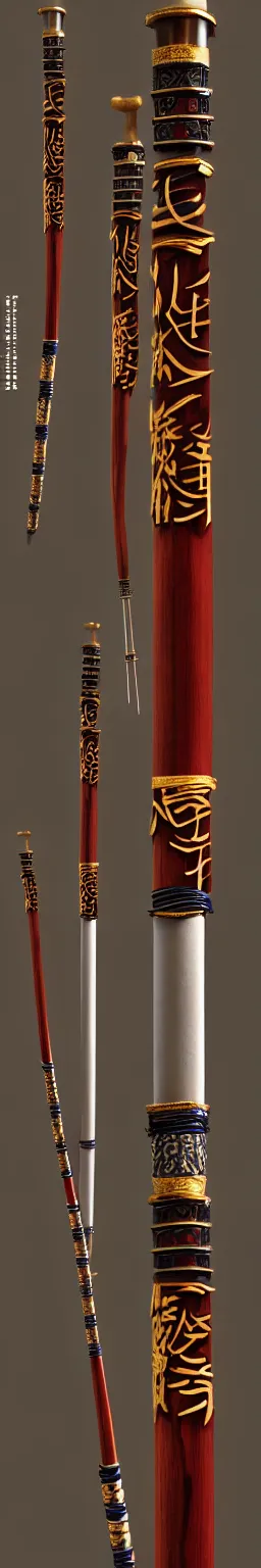 Image similar to single wooden long straight thin ninja fighting staff decorated with oriental ornaments, polished, weapon, highlight, vertical, centred, highly symmetric, sci - fi, fantasy, japan, dnd, close shot, bright uniform background, directional lighting, digital art, hyperrealism, award winning, 8 k, trending on art station