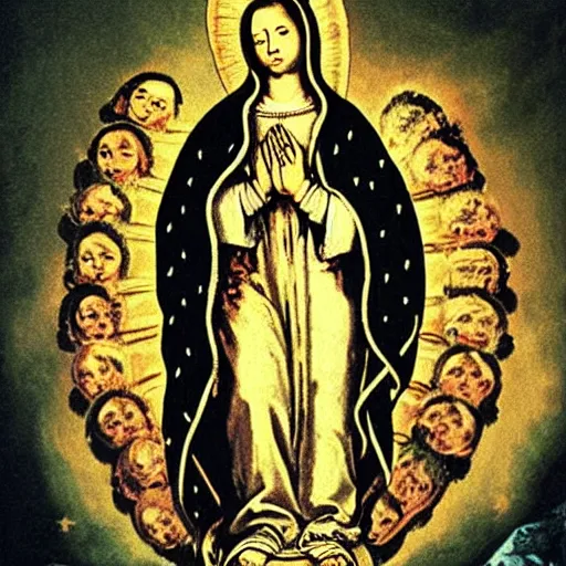 Image similar to Highly detailed painting of the virgin of guadalupe rising above hundreds of demonic angels by Goya