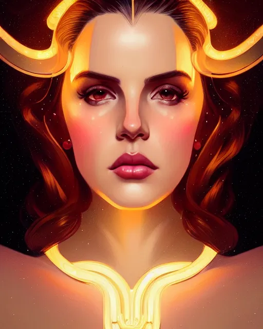 Image similar to symmetry portrait of lana del rey, glam, deco, glowing lights intricate, elegant, highly detailed, digital painting, artstation, concept art, smooth, sharp focus, illustration, art by artgerm and greg rutkowski and fra angelico and alphonse mucha