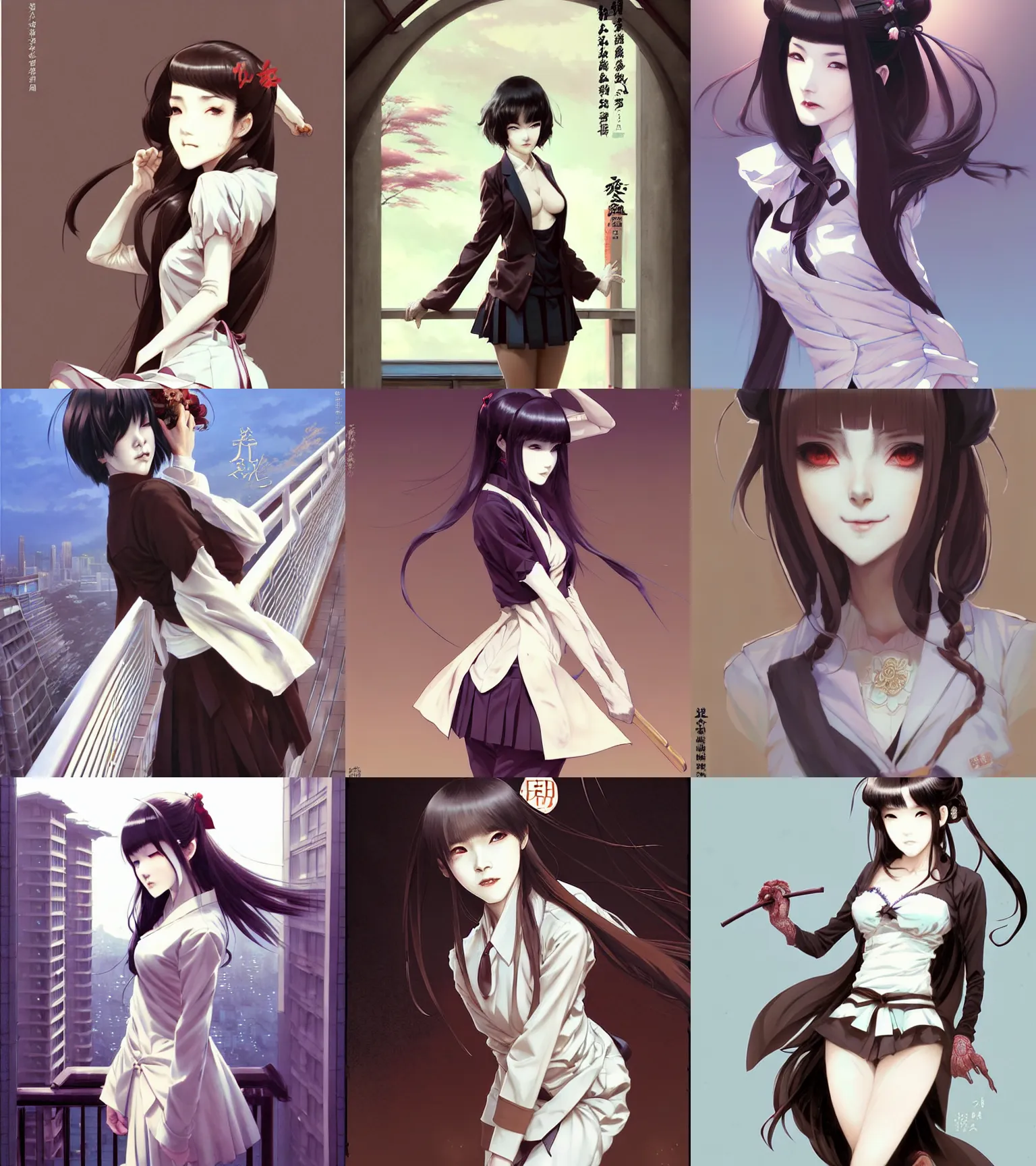 Prompt: portrait of a beautiful alluring immortal japanese vampire wearing japanese school uniform. standing on a kowloon balcony by krenz cushart, by greg rutkowski, by greg tocchini, by james gilleard, by joe fenton, by kaethe butcher, by rick wade art, dramatic lighting, gradient light blue, brown, blonde cream and white color scheme, grunge aesthetic