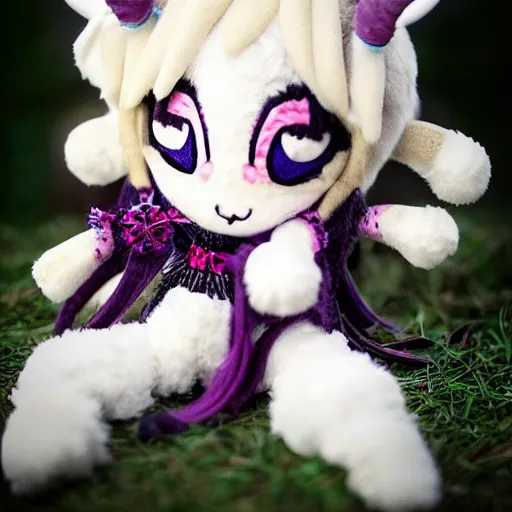Image similar to cute fumo plush of a goat girl with horns, anime girl, tribal outfit with intricate celtic knot patterns, gothic maiden shaman, pagan goddess, glowing, bokeh, artstation, gamecube