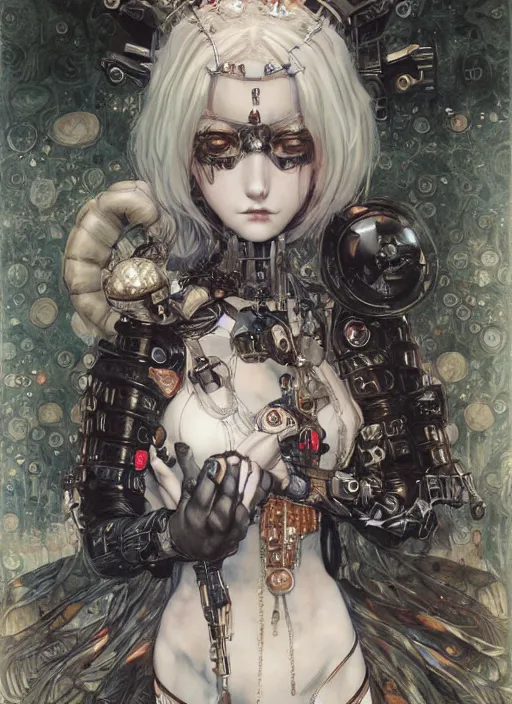 Image similar to portrait of cute beautiful young gothic maiden, cyberpunk, Warhammer, highly detailed, artstation, illustration, art by Gustav Klimt and Range Murata and Katsuya Terada