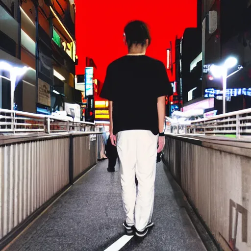 Prompt: guy standing in tokyo at night with thisirt logo of beta collective street wear brand