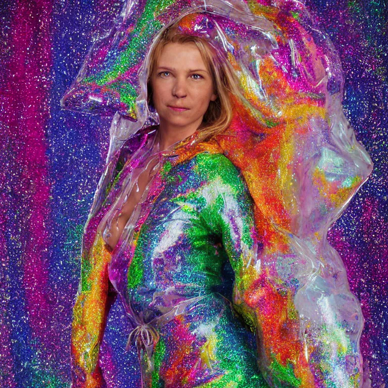 Image similar to octane render portrait by wayne barlow and carlo crivelli and glenn fabry, a woman wearing a clear plastic suit full of colorful thick fluid full of glitter, standing in front of a giant sheet of tie - dye aluminum foil, cinema 4 d, ray traced lighting, very short depth of field, bokeh