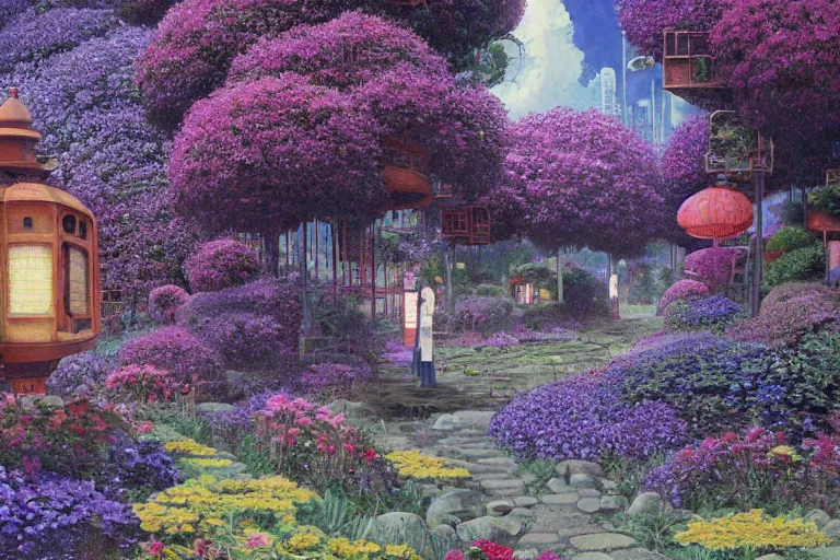 Image similar to oil painting, super - detailed scene spirited away, cyberpunk garden, agbogbloshie, indigo blooming flowers garden, japanese sci - fi books art, artwork by jean giraud, hd, 4 k, high quality