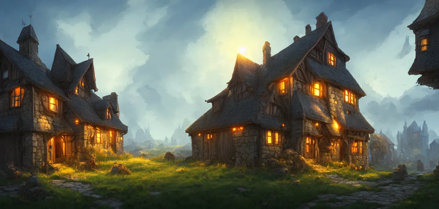 Prompt: an illustration of the small medieval fantasy house in a town with many cute beautiful blue sky scenery, cinematic view, epic sky, detailed, concept art, low angle, high detail, warm lighting, volumetric, godrays, vivid, beautiful, trending on artstation, by jordan grimmer, huge scene, grass, art greg rutkowski