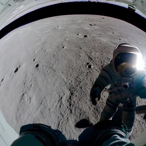 Prompt: two astronauts on the moon looking down at the camera, fish-eye lens, 15mm