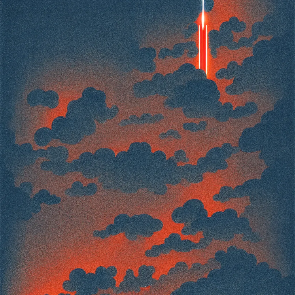 Prompt: rocket launch through clouds, mads berg, karolis strautniekas, film noir, stippled light, dramatic lighting, editorial illustration, detailed, fine texture, matte print, art deco, brutalism, dark blue + dark orange, red, black, ( ( habitat 6 7 background ) )