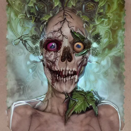 Prompt: a beautiful detailed front view portrait of a rotten woman corpse becoming a skull with fractal plants and fractal flowers and mushrooms growing around, volumetric light, beautiful lit, polaroid photography