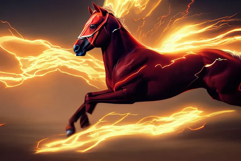 Image similar to a stunning digital painting of a horse as the flash in spandex costume, running in the speedforce by greg rutkowski, volumetric light, digital art, fine detail, photorealistic