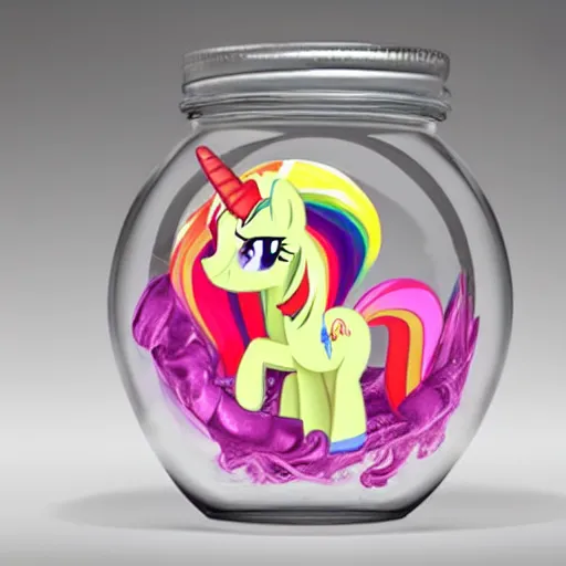 Image similar to a my little pony figure in a jar covered in a mysterious sticky yellowish fluid