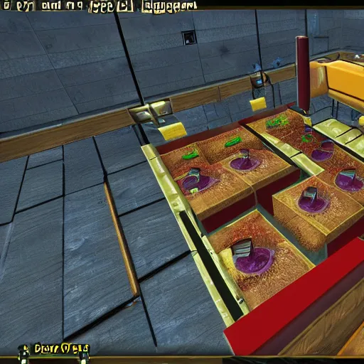 Prompt: A screenshot of a Quake 3 Arena map of a Burger King.