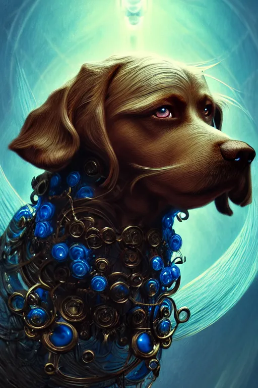 Image similar to dog as a god with flowing hair and blue eyes, very detailed face, detailed features, fantasy, circuitry, explosion, dramatic, intricate, elegant, highly detailed, digital painting, artstation, concept art, smooth, sharp focus, illustration, art by gustave dore, octane render, mucha,