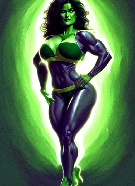 Image similar to salma hayek as she - hulk, intricate, elegant, glowing lights, highly detailed, digital painting, artstation, glamor pose, concept art, smooth, sharp focus, illustration, art by artgerm and greg rutkowski, artey freytag