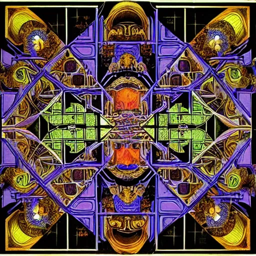 Prompt: A Eternal mansion, by M.C. Escher, Jim Fitzpatrick, Chaotic, Lucid, Cycles, Chromatic Abberation, Dawn