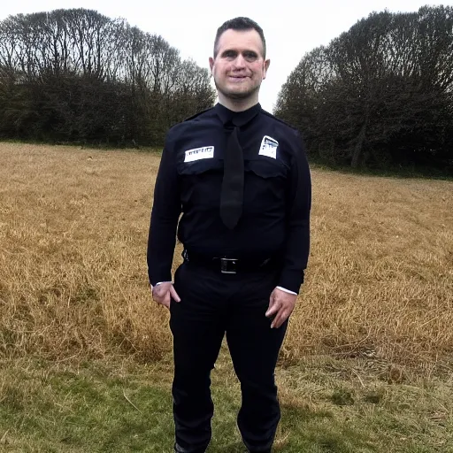 Image similar to clean - shaven chubby 3 4 year old caucasian man from uk wearing black police sweater and navy necktie and black trousers and black boots and police helmet. he is standing in a field.