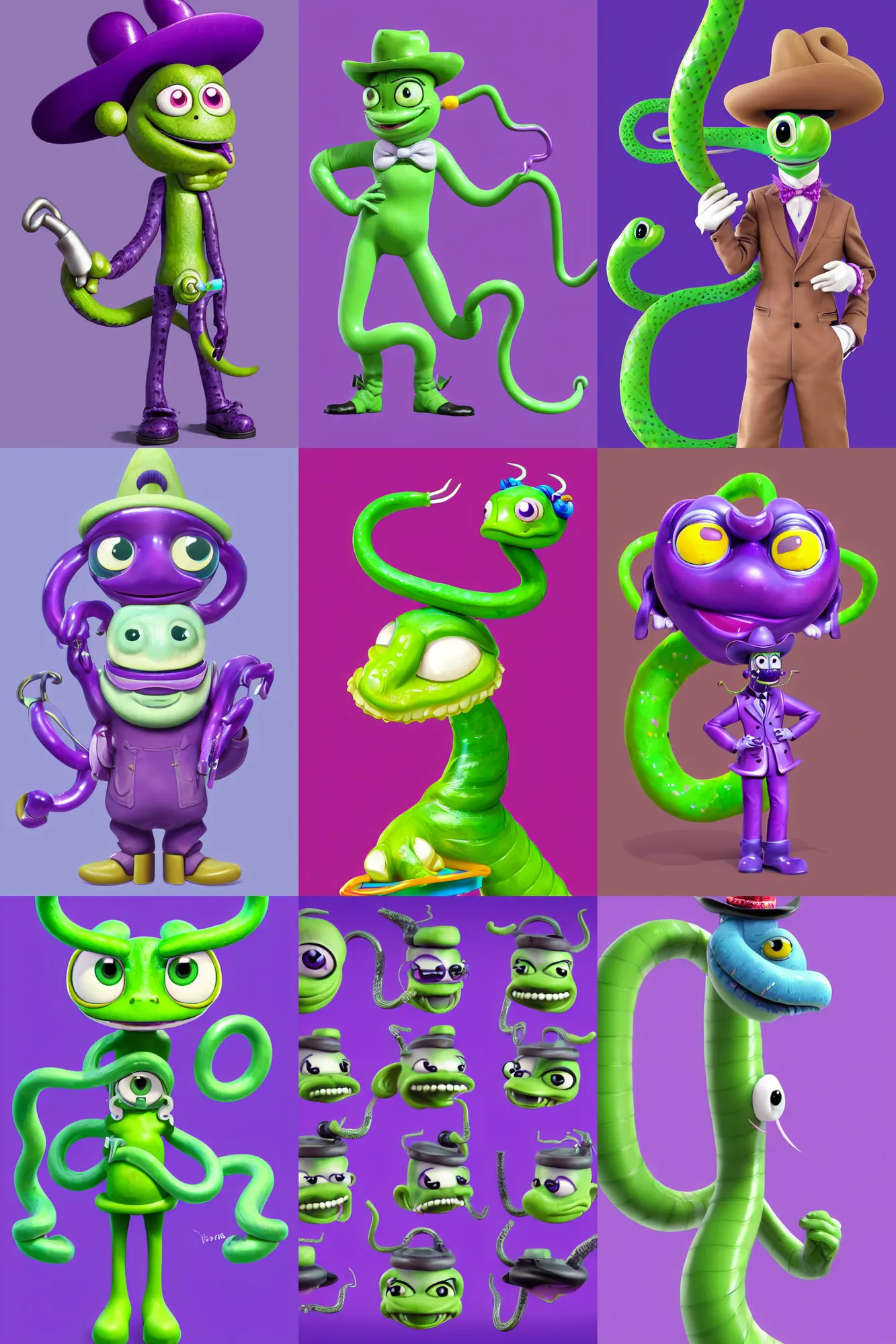 Prompt: anthropomorphic kawaii purple green cowboy snake oil salesman mascot, character design by Disney and Pixar, composition by Lisa Frank, sculpted in zbrush, minimal, Uncle Aloysius, dystopian, big eyes with eyelashes and twirly moustache, piston pumps of oil rig with bull horns, extremely detailed, digital painting, artstation, concept art, sharp focus, illustration, chiaroscuro lighting, golden ratio, rule of thirds, fibonacci