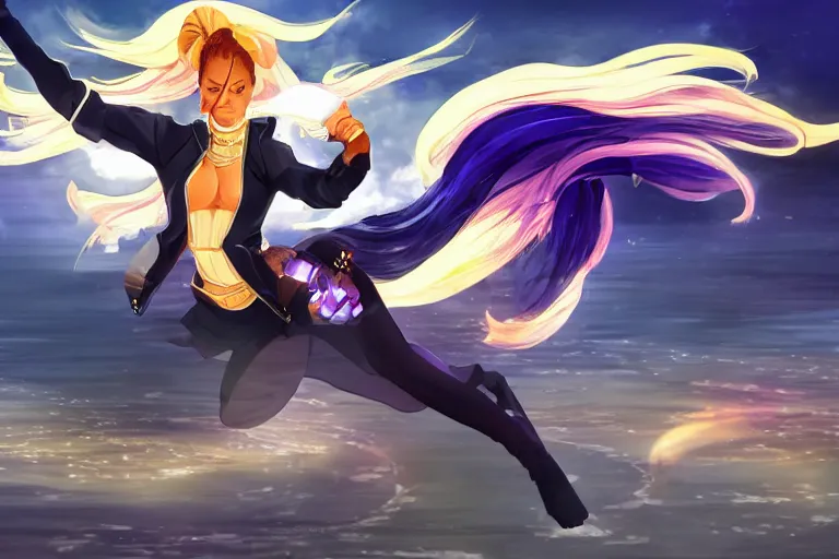 Image similar to beyonce dressed as a ninja riding a crystal horse on a harlem rooftop, highly detailed, 4k resolution, lighting, anime scenery by Makoto shinkai