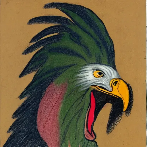 Image similar to human / eagle hybrid with one big beak, drawn by francis bacon