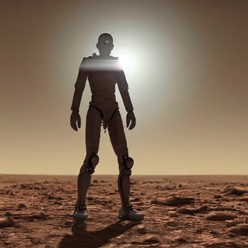 Prompt: realistic human - like man android on mars, alone, apocalypse, low power, realistic light and shadow effects