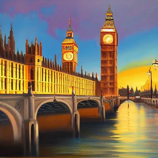 Image similar to detailed, soft, dynamic painting of the Big Ben on fire, professional painting, at dusk
