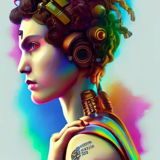 Prompt: Lofi cyberpunk portrait beautiful woman with short brown curly hair, roman face, rainbow, Pixar style, Tristan Eaton, Stanley Artgerm, Tom Bagshaw