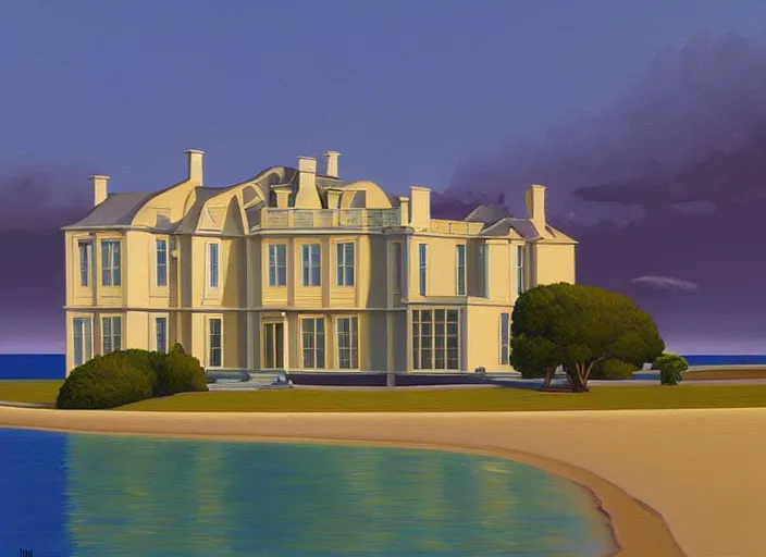 Image similar to a manor by the ocean, evening, summer, painting by kenton nelson