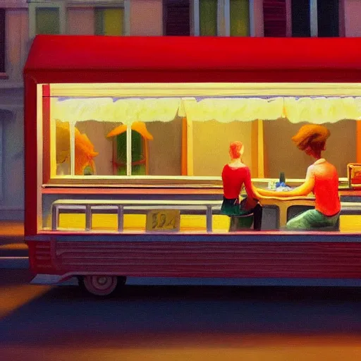 Prompt: a storybook illustration of a lone foodtruck glowing from inside, quiet night scene like Edward Hopper masterpiece, intricate, elegant, fantasy, highly detailed, digital painting, concept art, sharp focus, artstation