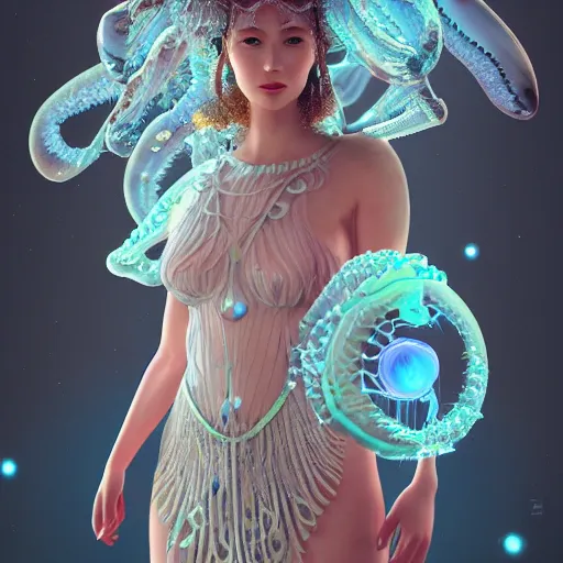 Image similar to Full body photo of the most beautiful goddess, she has a jellyfish octopus head's, by Tooth Wu, trending on Artstation, digital art, symmetrical artwork, cinematic, hyper realism, high detail, octane render, 4k, 8k