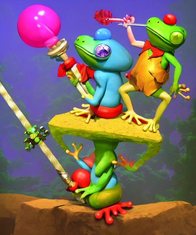 Image similar to clown frog king pulls the sword from the stone, clown frog king wearing clown makeup and rainbow wig, clown crown artwork by Todd Schorr, 3D rendering by Beeple