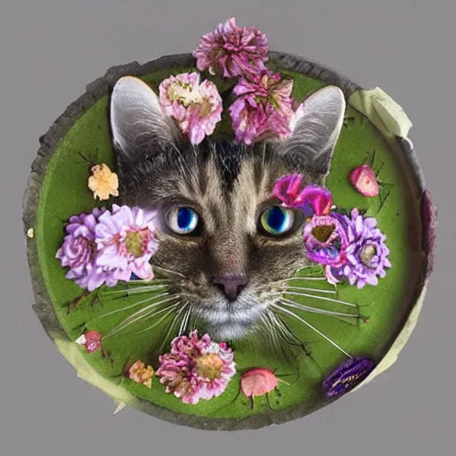 Prompt: image is fully filled with preserved flowers and detailing cat face is emerging from the center, rokoko style